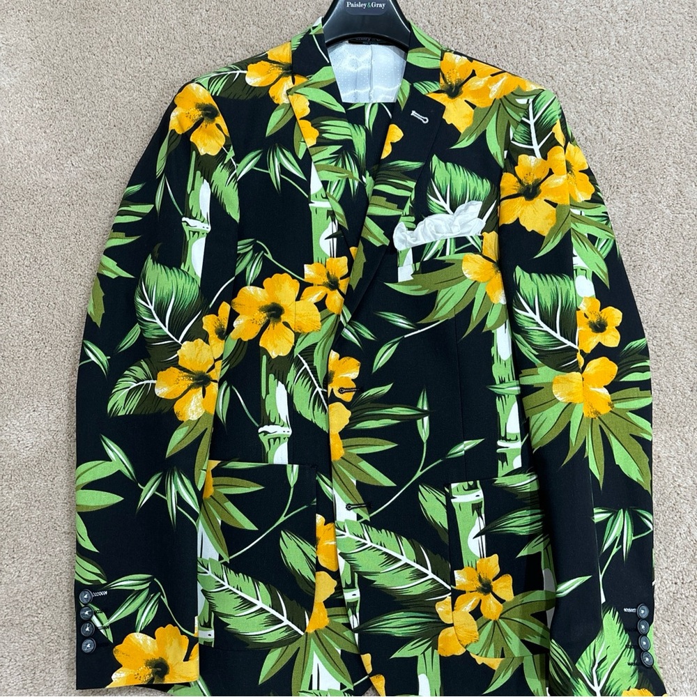 Paisley & Gray Dover Notch Suit (Jacket & Pants) Black Floral Slim Fit 40R 32x32